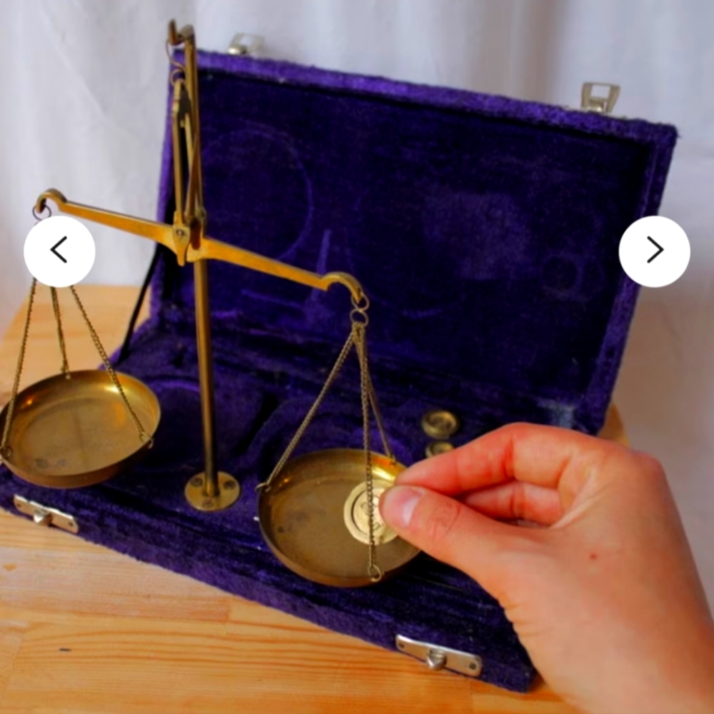 Antique brass scale & weights in purple velvet box